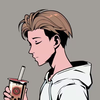 The image features a cartoon boy with brown hair wearing a white hoodie, holding a drink from a cup that has a straw sticking out of it. The background appears to be gray, providing a neutral backdrop for the scene. There are no other objects or people in the image, and the focus is solely on the boy and his drink.