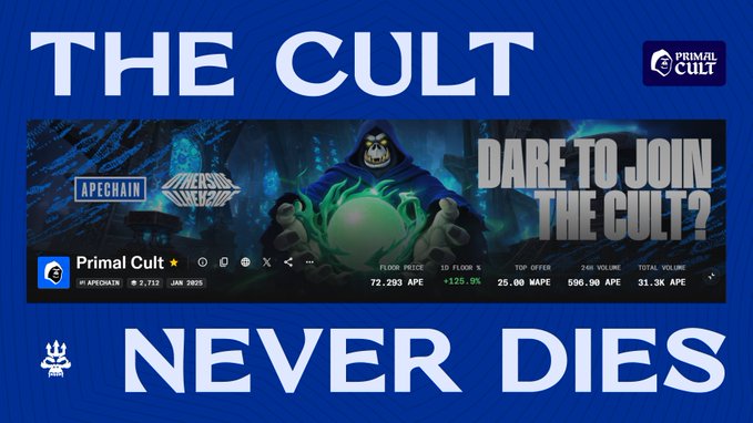 A promotional graphic about a cryptocurrency project called 'PRIMAL CULT' featuring 'APEChain' and 'OCEAN CROCODILE' logos, with the text 'THE CULT NEVER DIES' and showing APE token statistics including a floor price of 72.293 APE.