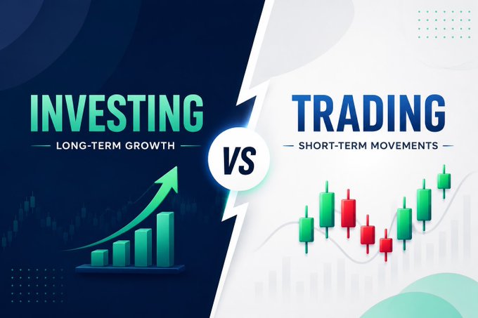 A split-screen graphic comparing 'INVESTING' for 'LONG-TERM GROWTH' (with a rising green arrow and bar chart) versus 'TRADING' for 'SHORT-TERM MOVEMENTS' (illustrated with red and green candlesticks).