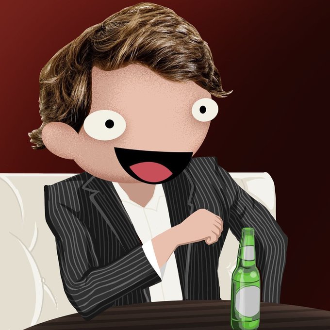 A cartoon-style illustration of a person with messy brown hair, wide eyes, and a big smile, wearing a pinstripe suit and sitting at a table with a green bottle.