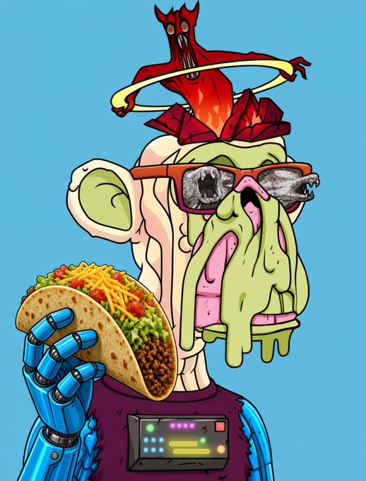A surreal cartoon illustration depicts a melting-faced figure wearing sunglasses and a purple shirt, with a robotic blue hand holding a taco filled with ground meat, cheese, and lettuce, while a small red demon-like creature with a hula hoop sits on its head.