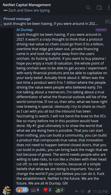 The image shows a Discord message from Al Dunlap in the "NetNet Capital Management" channel, discussing his bullish outlook on the project and explaining his decision not to pursue venture capital funding. The post is from a conversation that appears to be in agreement with the sentiment that $NET could yield significant returns, with the user noting their own six-figure gain and view of it as a potential eight-figure opportunity.