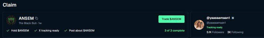 A crypto/DeFi claim interface showing ANSEM ($ANSEM) with completion checkmarks for holding, X tracking, and posting, alongside a Twitter profile for @yaaasamaan1 marked 'Tracking ready'.