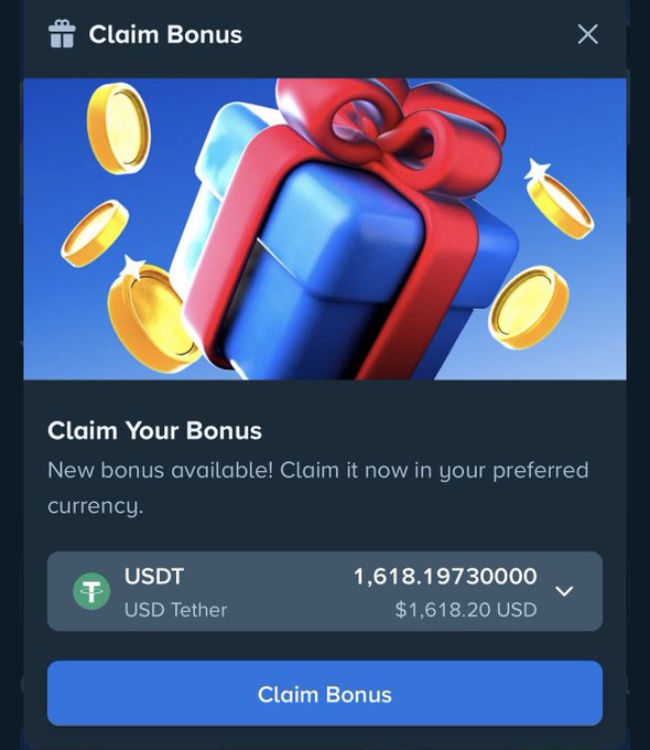 A "Claim Bonus" pop-up displays a 1,618.19730000 USDT reward (valued at $1,618.20 USD) wrapped in a festive gift box design. The image relates to the post by illustrating the type of cryptocurrency bonus (USDT) that can be claimed on a platform like Stake, aligning with the user celebrating their bonus and promising to tip others in crypto.