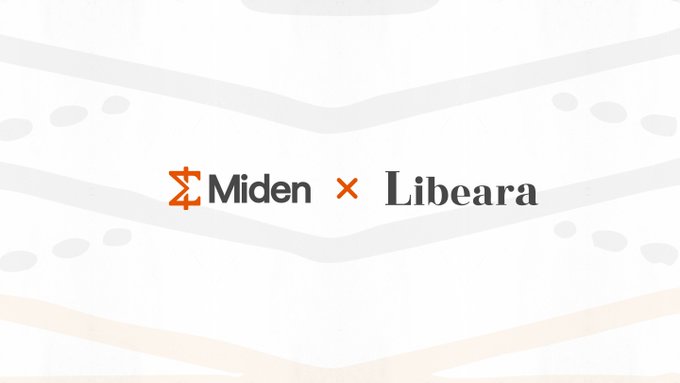 The image displays the Miden and Libeara logos side by side, separated by an "x," with a subtle wave pattern in the background, visually representing the newly announced partnership between the two companies through a signed MOU.