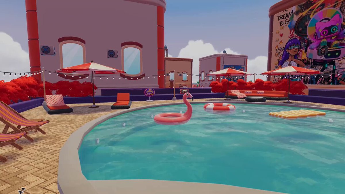 The image features an indoor swimming pool with a pink flamingo floating on top of it, surrounded by various lounge chairs and umbrellas. The pool area also includes a rooftop deck that has been decorated with red and white elements, giving it a unique and inviting atmosphere. A post about the rooftop pool location is shared in the image, suggesting that this place might be an interesting spot for people to gather or relax.