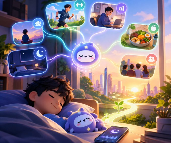 An illustration of a sleeping boy in bed with a purple creature, dreaming of interconnected scenes representing exercise, sleep, study, healthy food, and socializing.