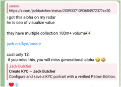 A Discord message promoting the Jack Butcher "Create KYC" NFT project, highlighting a "100m+ volume" alert from Nansen and a "visualize value" tagline to emphasize its perceived significance as a "generational alpha" opportunity. The screenshot is referenced in a post reminiscing about 2020-2021 ICO and airdrop culture while sharing a Discord invite link.