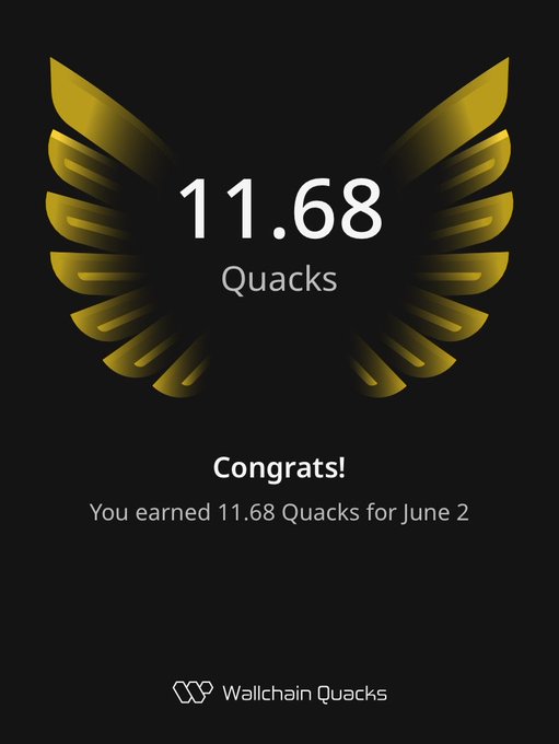 The image shows an impressive display of gold wings, each wing boasting about the 11.68 Quacks earned by the holder for the month of June 2. These wings are vibrant and detailed, reflecting the celebratory nature of this accomplishment. The overall setting is black, with a white text reading "HOLDING THE DOUBLE-DIGIT GROUND ON @wallchain". This statement highlights that the achievement is linked to Wallchain Quacks and that the holder has earned 11.68 Quacks for June 2.