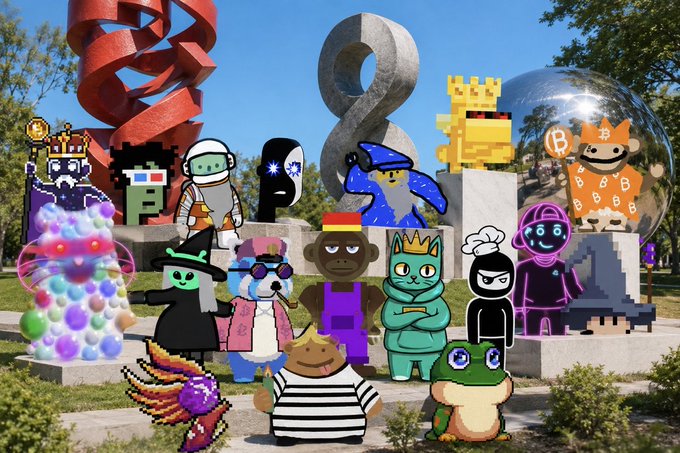 A group photo of NFT characters including CryptoPunks, Pudgy Penguins, Bored Apes, Moonbirds, Milady, Doodles, Sappy Seals, and Bitcoin, posed in front of sculptural monuments at what appears to be a real-world park.