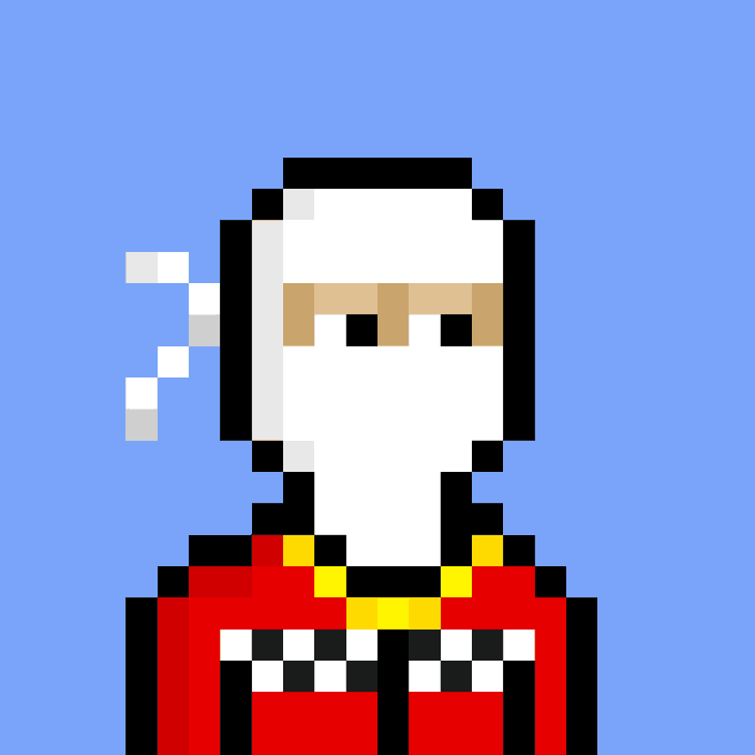 A pixel art portrait of a white-haired anime-style character wearing a red robe or kimono with black outlines, set against a blue background.