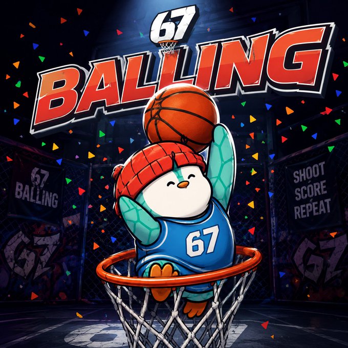 Promotional artwork for '67 BALLING' featuring a cute penguin mascot in a blue jersey numbered 67, dunking a basketball with a 'SHOOT SCORE REPEAT' sign visible on the right.