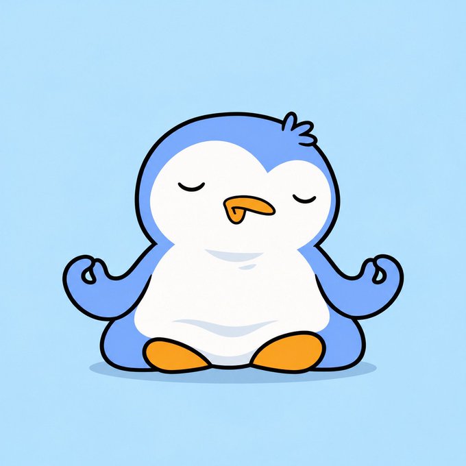 A cartoon illustration of a blue and white penguin sitting in a meditative lotus pose with its eyes closed and wings raised.