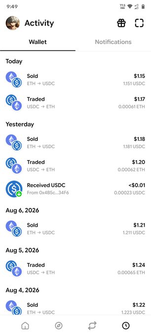 A mobile app screen titled 'Activity' displays a wallet transaction history with entries for Sold and Traded ETH to USDC, along with dates including 'Today', 'Yesterday', 'Aug 6, 2026', and 'Aug 5, 2026'.