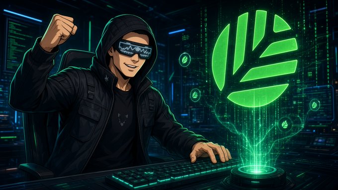 Digital illustration of a hoodie-wearing hacker with cyber visor goggles raising a fist, seated at a keyboard with a glowing green logo resembling Litecoin emerging from a holographic display.