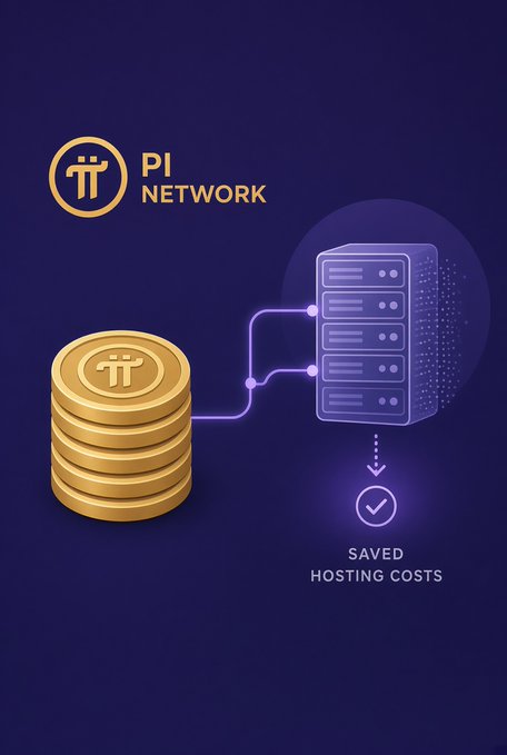 A promotional graphic for "PI NETWORK" featuring gold coins with the pi symbol connected to server racks, with text reading "SAVED HOSTING COSTS" at the bottom.