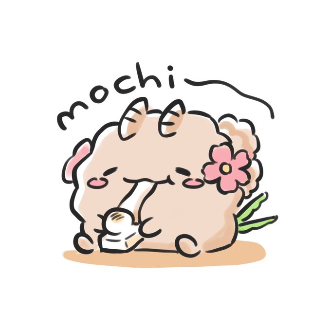 A cute cartoon illustration of a fluffy, cream-colored creature labeled "mochi" with small horns and a pink flower, holding what appears to be a piece of mochi and eating it.