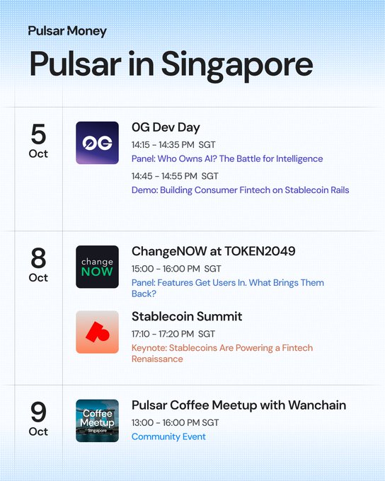 An event schedule titled "Pulsar in Singapore" listing events for October 5, 8, and 9, including 'OG Dev Day,' 'ChangeNOW at TOKEN2049,' 'Stablecoin Summit,' and 'Pulsar Coffee Meetup with Wanchain.'