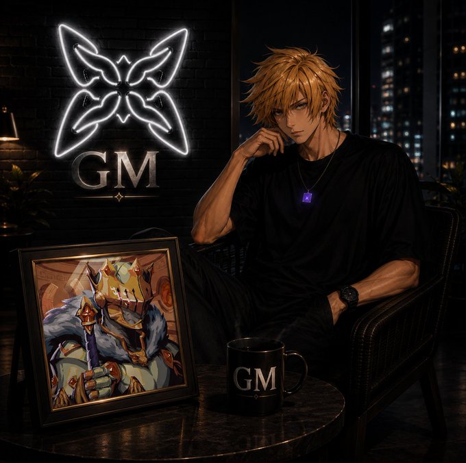 An anime-style illustration of a blonde young man sitting in a chair with a 'GM' neon sign and logo on the wall behind him, accompanied by a framed artwork and an 'GM' branded mug on a side table.