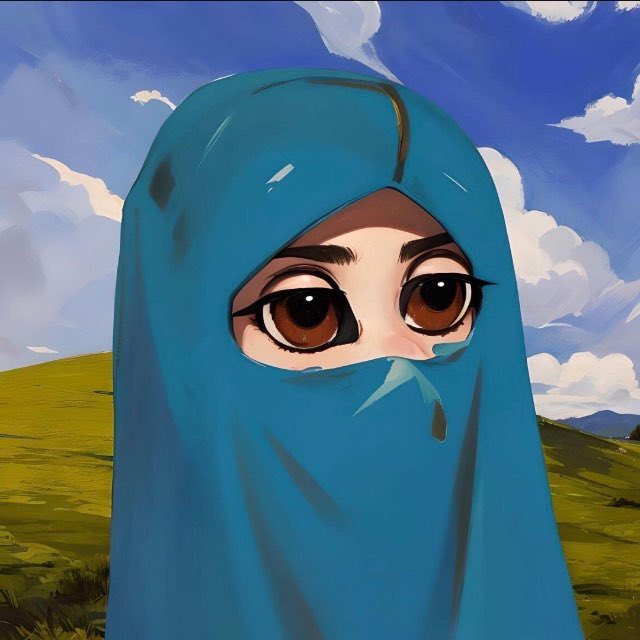 A stylized digital illustration of a character wearing a blue hood and veil with large brown eyes against a landscape background.