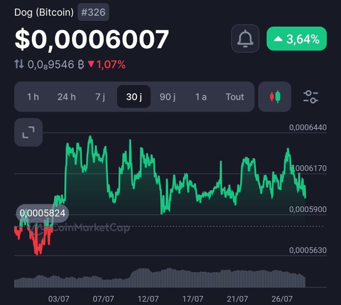 A cryptocurrency price chart for 'Dog (Bitcoin) #326' showing a price of '$0,0006007' with a 3.64% increase, displaying a 30-day line graph from CoinMarketCap.