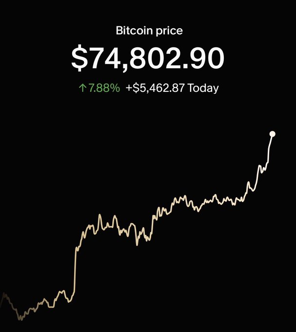 A Bitcoin price chart on a black background showing the price at $74,802.90, up 7.88% or +$5,462.87 today, with an upward trending line graph.