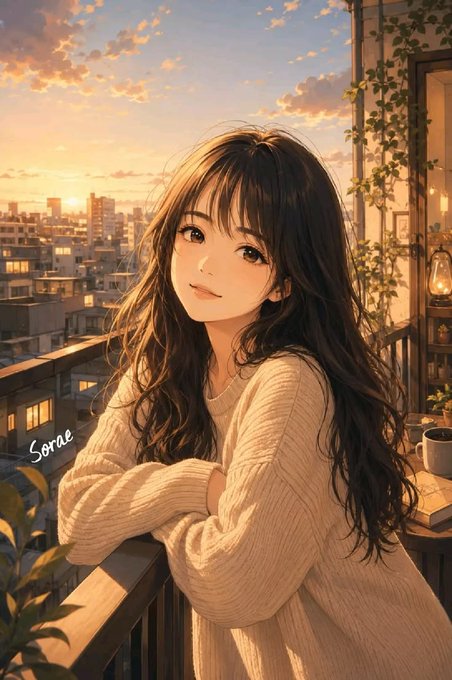 An anime-style illustration of a young woman with long dark hair wearing a cream sweater, leaning on a balcony railing with a sunset cityscape behind her, signed 'Sorae'.
