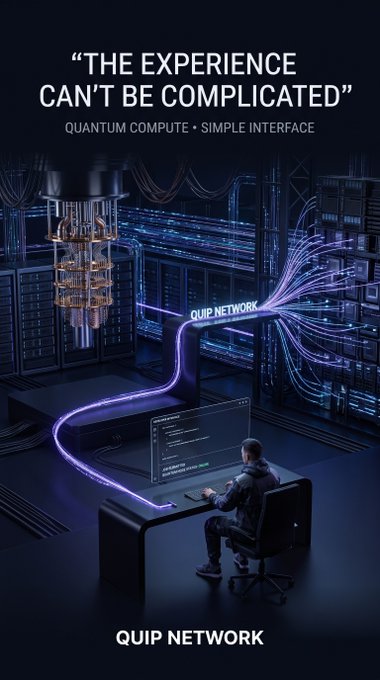 A futuristic tech advertisement features a person at a computer with purple light streams flowing from a quantum server, displaying the text "THE EXPERIENCE CAN'T BE COMPLICATED," "QUANTUM COMPUTE • SIMPLE INTERFACE," and "QUIP NETWORK."