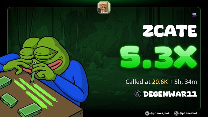 A promotional graphic featuring a cartoon Pepe-like green frog in a blue hoodie at a crypto trading desk, advertising "ZCATE S.3X" called at "20.6K" with social handles "@phanes.bot".
