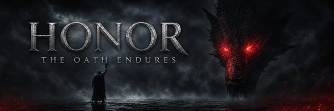 A dramatic banner for the Solana token $HONOR features a lone knight standing before a massive, glowing-eyed dragon emerging from dark clouds, with the title "HONOR: THE OATH ENDURES" prominently displayed. The medieval fantasy imagery evokes themes of courage and loyalty, aligning with the token's evocative name.