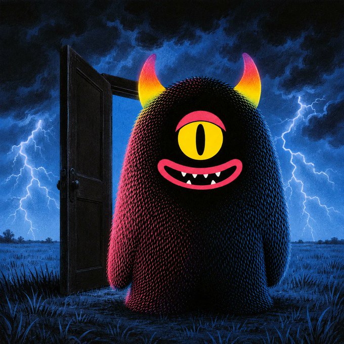 Illustration of a black furry monster with a single yellow eye, pink horns, and sharp teeth emerging from an open door into a stormy field with lightning.