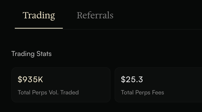 A trading dashboard showing 'Trading Stats' with '$935K Total Perps Vol. Traded' and '$25.3 Total Perps Fees' under a 'Trading' tab.