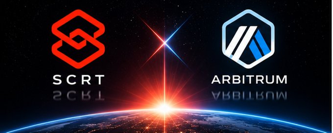 The image shows logos for SCRT and Arbitrum, symbolizing their proposed migration where a new ERC-20 $SCRT will be issued on Arbitrum, with a snapshot date of September 1, 2026.