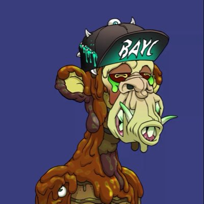 A cartoon character resembling a BAPE ape wearing a black cap with 'BAYC' text, featuring a melting brown body and green slime dripping from the hat.