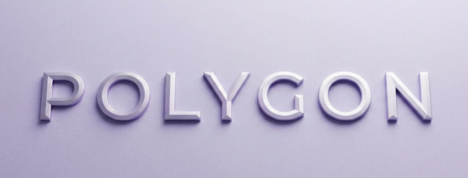 The word "POLYGON" is displayed in white, 3D-style block letters against a light purple background.