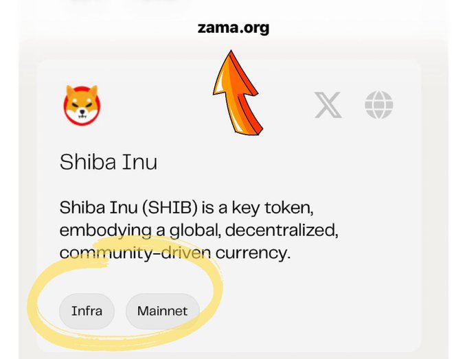 An information card for Shiba Inu describes it as 'a key token, embodying a global, decentralized, community-driven currency,' with an arrow pointing to 'zama.org' and tags 'Infra' and 'Mainnet' circled in yellow.