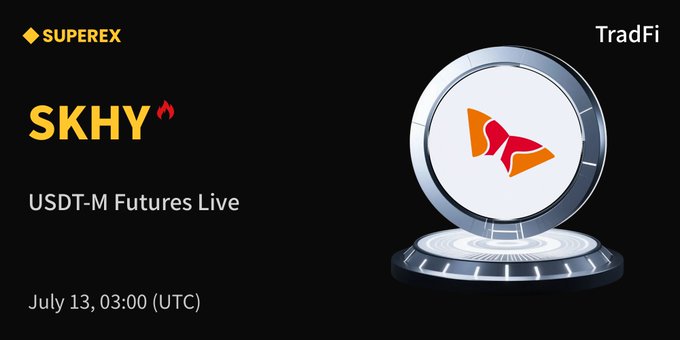 The image is a promotional announcement for SuperEx exchange showing that SKHY (SK hynix) USDT-M Futures went live on July 13 at 03:00 UTC, featuring the SUPEREX logo, "TradFi" label, and a 3D token graphic on a black background. The visual supports the post's announcement of SK hynix's availability for futures trading on the platform.