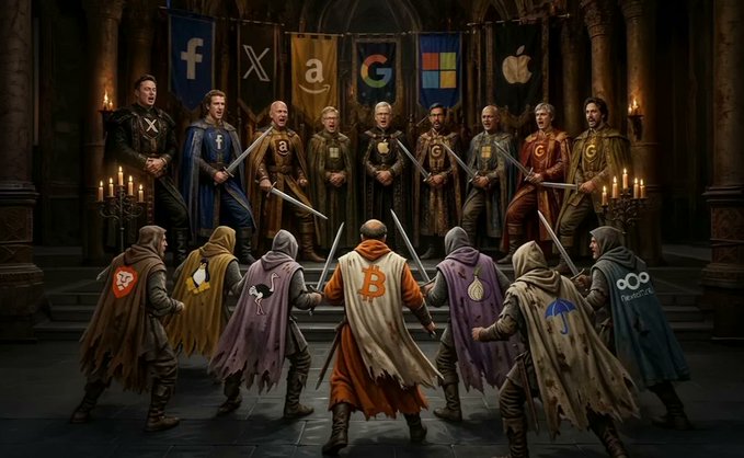 A fantasy-style digital illustration depicts a standoff where hooded figures with cryptocurrency logos face off against knights in armor, with tech company logos (Facebook, X, Amazon, Google, Microsoft, Apple) displayed as banners in the background.