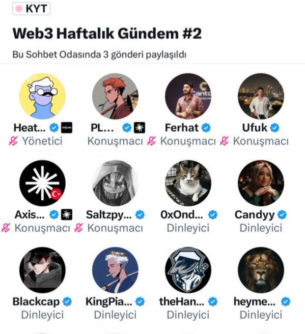 A KYT (Web3) Telegram-style chat room titled 'Web3 Haftalık Gündem #2' displaying 12 user avatars with Turkish role labels such as 'Yönetici' (Admin), 'Konuşmacı' (Speaker), and 'Dinleyici' (Listener).
