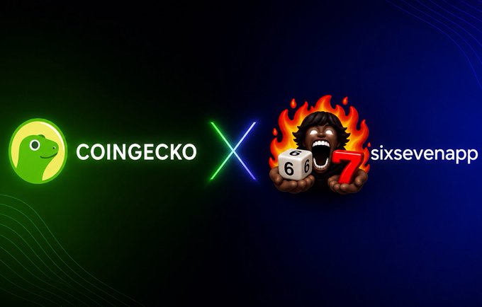 A promotional graphic on a black background showing a collaboration between CoinGecko and sixsevenapp, featuring their respective logos separated by a glowing blue and green 'X'.