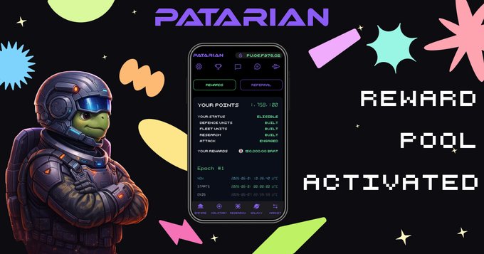 The image features a cell phone with a cartoon character of a robot wearing a helmet and goggles, which appears to be an Android device. The screen of the phone displays a game interface that reads "Patarian reward pool activated". This indicates that the user has recently started playing the game or is about to start playing it. The game seems to involve researching and finding real chances in the market, as indicated by the text on the image.
