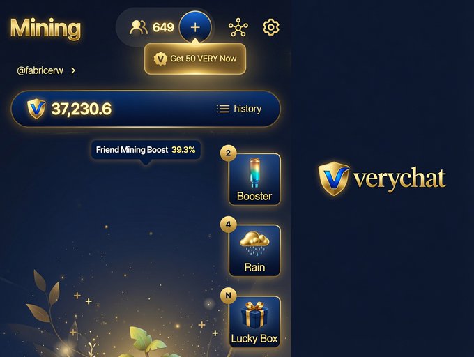 A 'Verychat' app mining screen showing 37,230.6 VERY coins, friend mining boost of 39.3%, and options for Booster, Rain, and Lucky Box.