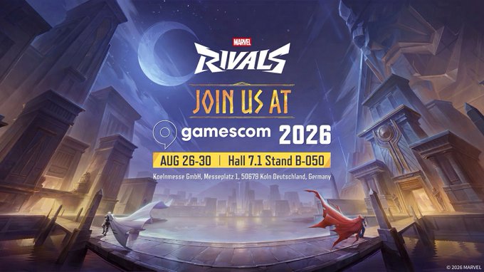A promotional poster for Marvel Rivals invites fans to visit them at Gamescom 2026 (August 26-30) at Hall 7.1, Stand B-050 in Cologne, Germany, set against a mystical nighttime backdrop featuring a moon, floating castle architecture, and two caped figures—one in white and one in red—facing off. The image teases a new legendary skin or character reveal, aligning with the post's hint about a "new luna legendary."