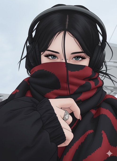 An anime-style illustration of a young woman with blue eyes wearing large black headphones and a red and black patterned face covering/scarf.