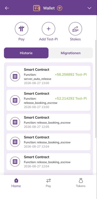 The image shows a Pi Network wallet interface displaying a transaction history of smart contract activities, including several "release_booking_escrow" and "server_auto_release" functions with earnings of +56.256892 and +52.214292 Test-Pi dated August 27, 2026. This visual supports the post by showcasing the successful execution of automated smart contract functions within the Pi wallet, demonstrating the tangible results of the platform's ongoing development.