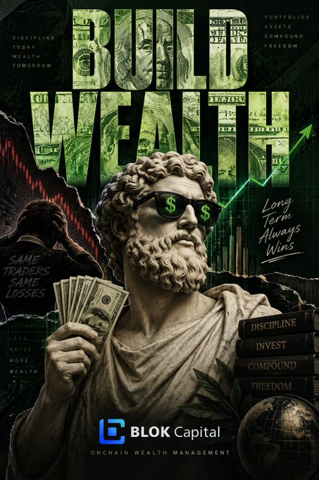 A promotional poster for 'BLOK Capital' featuring a classical statue wearing dollar-sign sunglasses, holding cash, alongside text like 'BUILD WEALTH', 'DISCIPLINE', and 'Long Term Always Wins'.