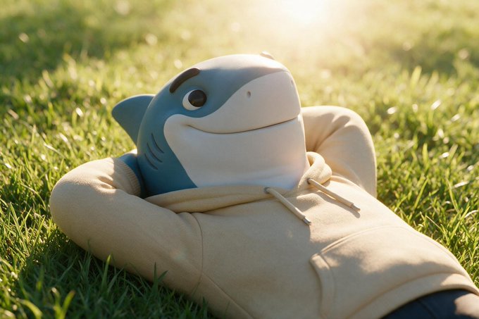 A whimsical cartoon shark figure wearing a cream-colored hoodie lies relaxed on green grass with hands behind its head, basking in warm sunlight.