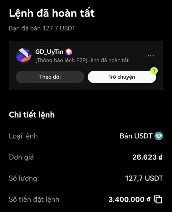 A screenshot in Vietnamese showing a completed order on OKX for selling 127.7 USDT at 26,623 đ, totaling 3,400,000 đ, from a seller with the username "GD_UyTín." This corresponds to the poster's claim of having earned around 3.4 million VND (128 USDT) from trading pools, which helped cover expenses until payday.