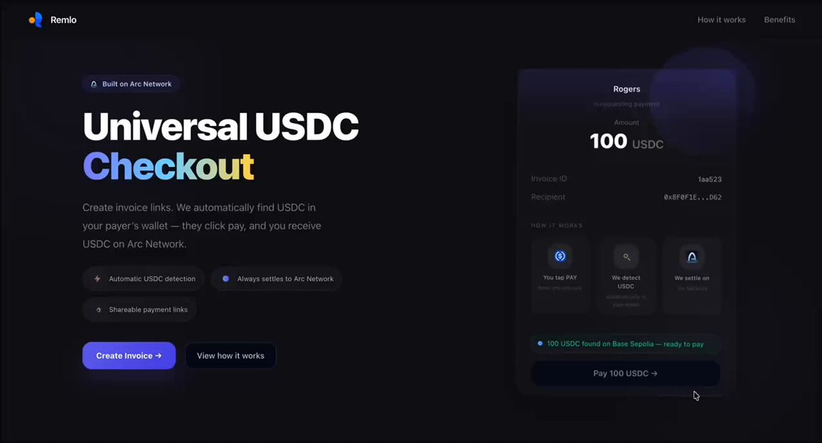 The image shows a website called "Universal USDC Checkout" which is designed for payment purposes. The website has a black background with white text, displaying its features such as creating an invoice link, sharing it with others, and allowing them to connect their wallet and pay using the provided service.