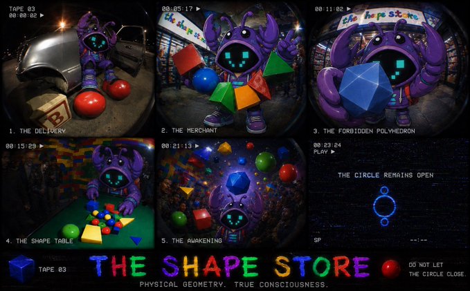 A promotional graphic titled 'THE SHAPE STORE' featuring five video thumbnails with a purple alien character and a dodecahedron, labeled 'TAPE 03: PHYSICAL GEOMETRY. TRUE CONSCIOUSNESS. DO NOT LET THE CIRCLE CLOSE.'